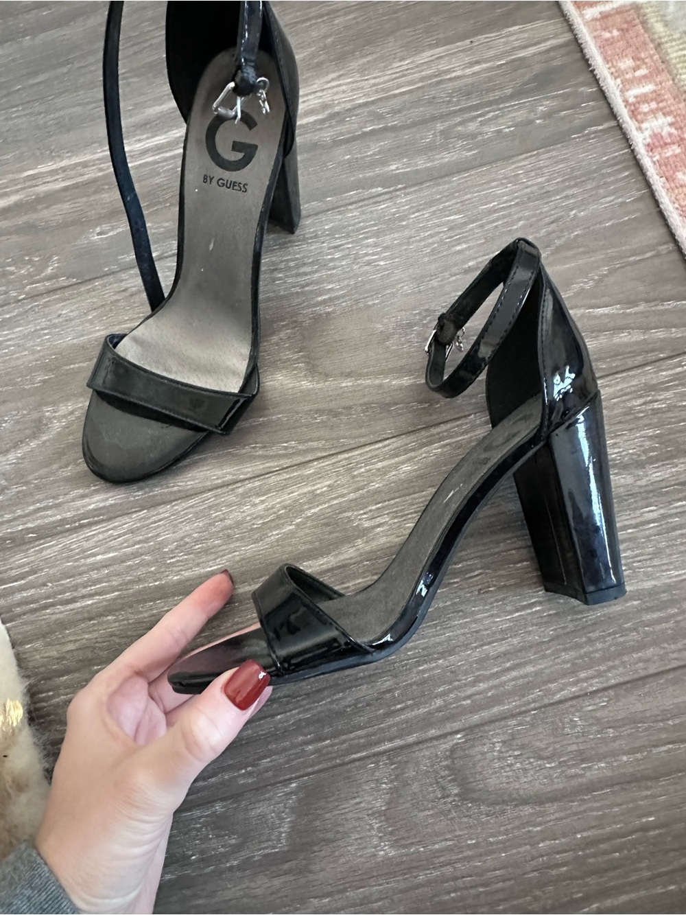 G by Guess Womens Shantel Open Toe Black Patent Heels